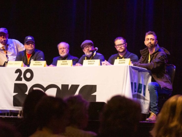 Craig Martelle, Michael Anderle, Kevin J. Anderson, Mark Dawson, Dakota Krout and Shayne Silvers during the final panel at 20Books Vegas.