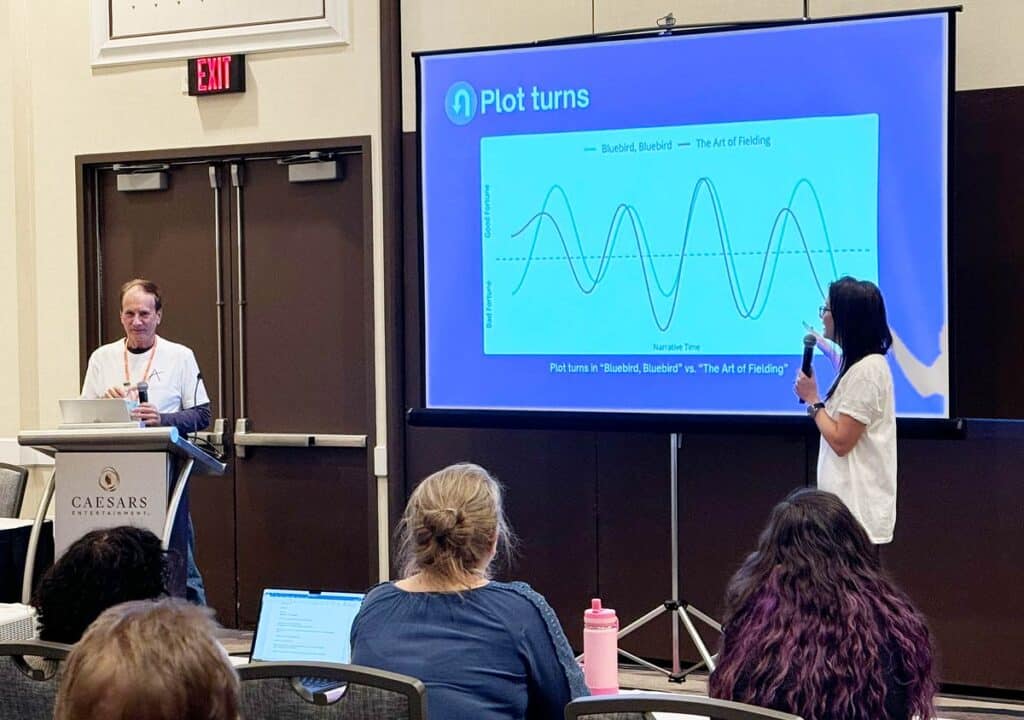 Alessandra Torre explains an AI analysis of plot turns during Authors A.I. session at Author Nation. 