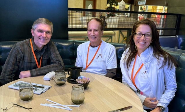 Geoffrey Poole, JD Lasica and Alessandra Torre of Authors A.I. during lunch at Guy Fieri's Flavortown Sports Kitchen.