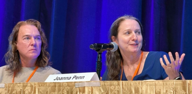 Joanna Penn makes a point during the thriller panel as JD Barker looks on.